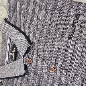 Massimo Dutti Men's Gray Striped Polo Shirt  Medium